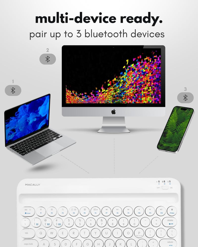 MACALLY Bluetooth Keyboard for Tablet | Wireless Keyboard for iPad mini/Air/Mini, iPhone (Multi-Device, Built-in Stand, Rechargeable) Easy to Use and Cute Portable - White - Image 3